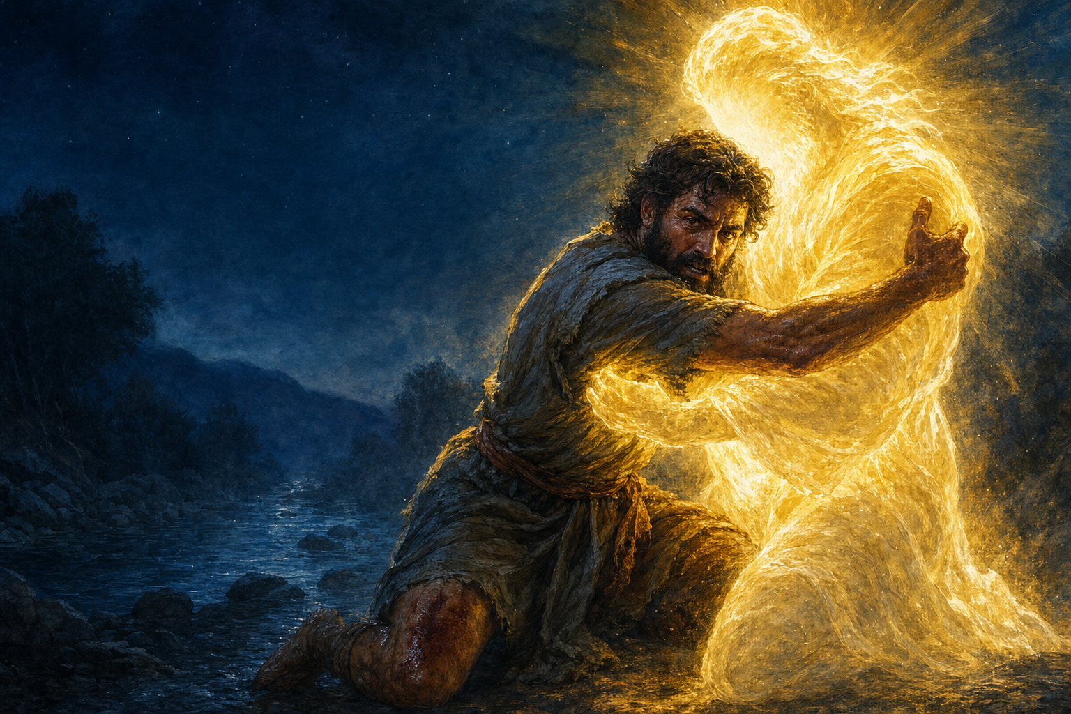 Cena: Jacó de joelhos, quadril ferido, agarrado ao vulto de luz